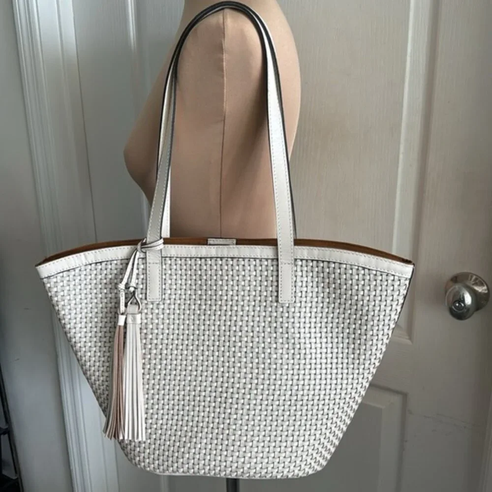 Patricia Nash Marconia Tote Woven Leather Latte Dark White Handbag - Picture 6 of 16